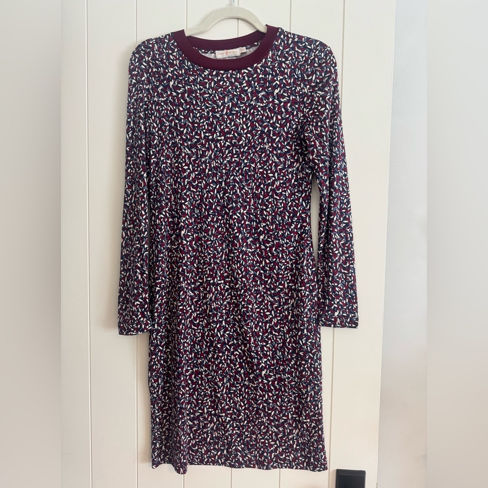 Tory Burch Burgundy and White Patterned Long Sleeve Dress